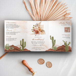 Terrakotta-Blumen-Wüstenkaktus-QR-Code-Hochzeit Dreifach Gefaltete Einladung