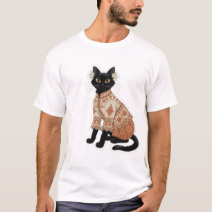 Terrakotta-Blumenmuster-Schwarzkatze-Grafik-T-Shir T-Shirt