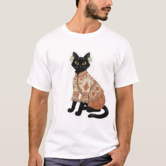 Terrakotta-Blumenmuster-Schwarzkatze-Grafik-T-Shir T-Shirt