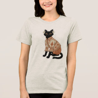 Terrakotta-Blumenmuster-Schwarzkatze-Grafik-T-Shir Tri-Blend Shirt