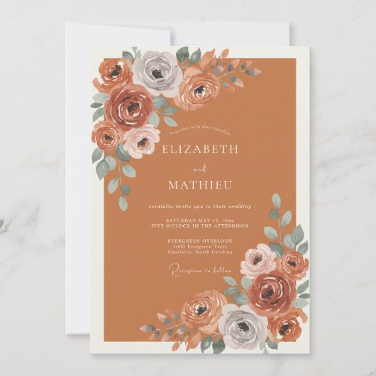 Terrakotta-Blüten-Hochzeit Einladung (Vorderseite)