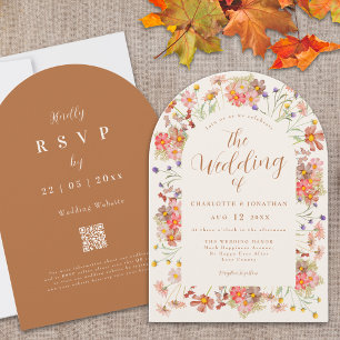 Terrakotta Boho Blumen Hochzeit im Herbst Einladung