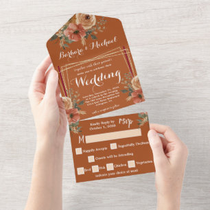 Terrakotta Boho Herbst Blumen Aquarell Hochzeit Ge All In One Einladung
