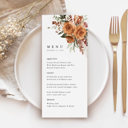 Terrakotta-Boho-Rosen-Hochzeitsempfang-Abendessen Menükarte