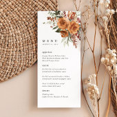 Terrakotta-Boho-Rosen-Hochzeitsempfang-Abendessen Menükarte