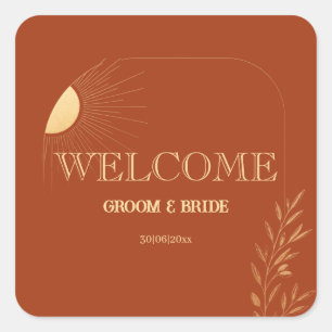 Terrakotta-Boho-Sonne Willkommen Hochzeit  Quadratischer Aufkleber