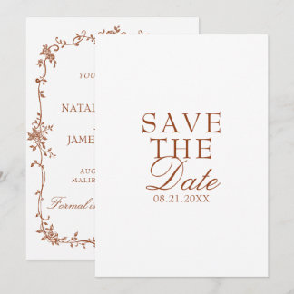 Terrakotta-Braunorange-Blumen-Hochzeit im Stil des Save The Date