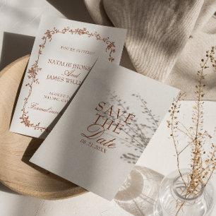 Terrakotta-Braunorange-Blumen-Hochzeit im Stil des Save The Date