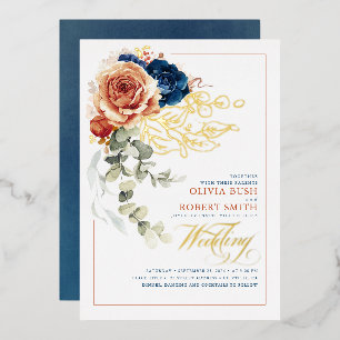 Terrakotta-Braunorange-Blumen-Hochzeit in Navyblau Folieneinladung