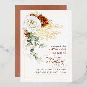 Terrakotta-Braunorange- und Weiß-Blumenhochzeit Folieneinladung