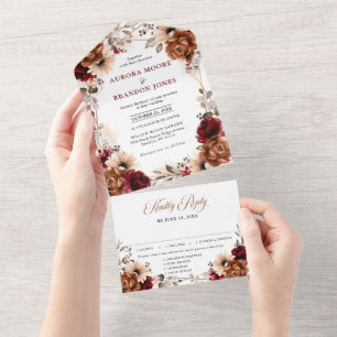 Terrakotta-Burgund-Mauve-Blumen-Geometrie-Hochzeit All In One Einladung