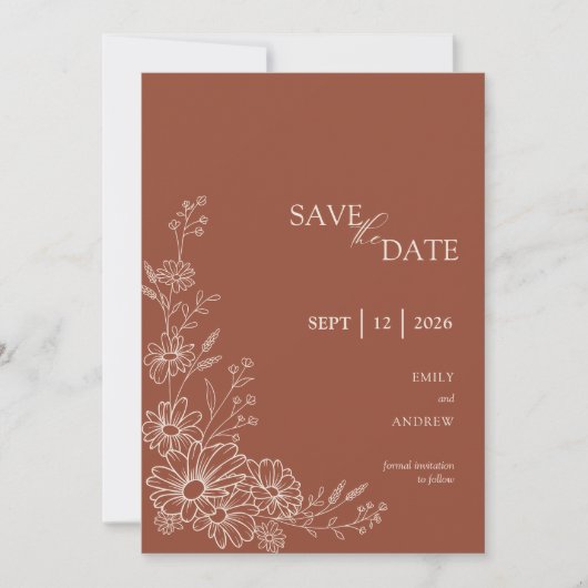 Terrakotta Chic Botanische Daisy Hochzeit Save The Date (Vorderseite)