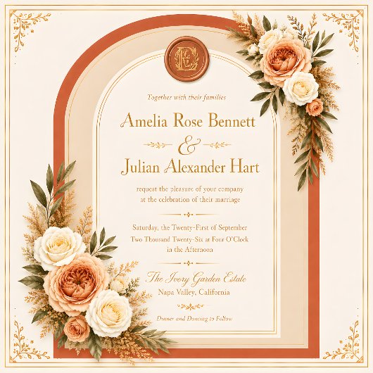 Terrakotta-Creme-Blumenbogen-Monogramm-Hochzeit Einladung