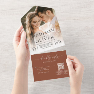 Terrakotta Elegant Klassisch QR-Code Foto Hochzeit All In One Einladung