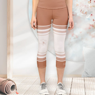 Terrakotta-Elfenbein-Blumen-Linien-Kunst-Athletik- Capri Leggings