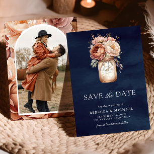 Terrakotta Floral Marineblau Foto Hochzeit Save The Date