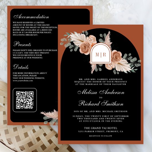 Terrakotta Florale Pampas Schwarz QR-Code Hochzeit Einladung