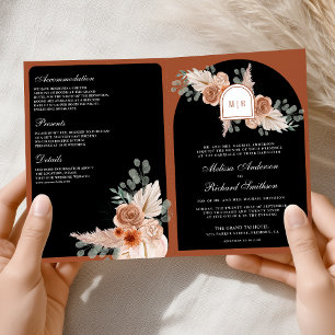 Terrakotta Florale Pampas Schwarz QR-Code Hochzeit Einladung