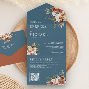 Terrakotta Florale Wildblumen Staubblau Hochzeit All In One Einladung
