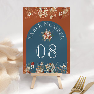 Terrakotta Florale Wildblumen Staubblau Hochzeit Tischnummer