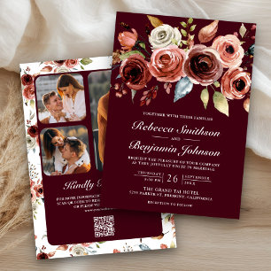 Terrakotta Florales Burgund QR Code Hochzeit Einladung