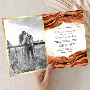 Terrakotta Gold Abstrakter Tinten QR Code Hochzeit Einladung
