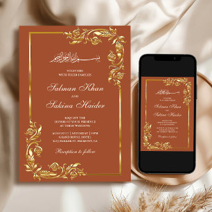Terrakotta Gold Blumenrand Islamische Hochzeit Einladung