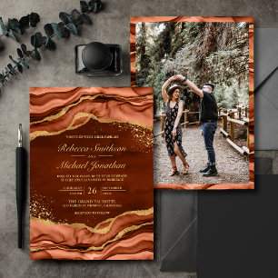 Terrakotta-Gold-Tintenfluid Foto-Hochzeit Einladung