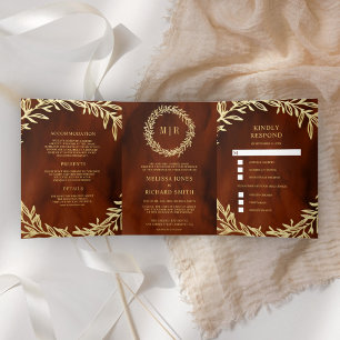 Terrakotta Goldblatt Zweig All-in-One Hochzeit Dreifach Gefaltete Einladung