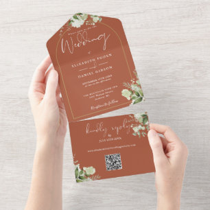 Terrakotta-Grün-Gold-Tor-QR-Code-Hochzeit All In One Einladung