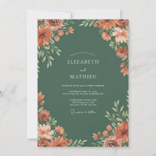 Terrakotta-grüne Florale Hochzeit Einladung