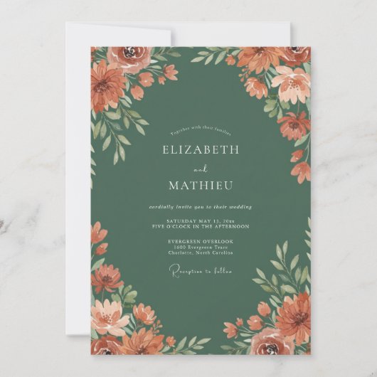 Terrakotta-grüne Florale Hochzeit Einladung (Vorderseite)