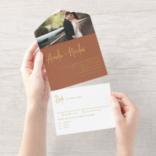 Terrakotta-Handschrift-Typografie-Foto-Hochzeit All-in-One-Einladung
