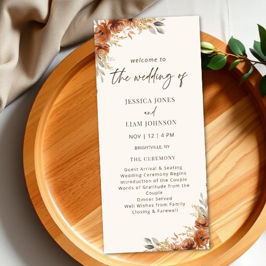 Terrakotta Herbst-Blumen-Hochzeitsprogramm Menükarte