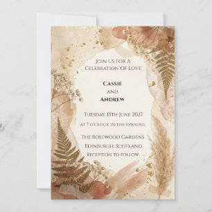 Terrakotta-Hochzeit mit gepresstem Farn und botani Einladung