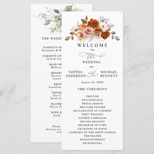 Terrakotta Hochzeit mit verbrannt-orangen Blumenmo Programm (Vorne/Hinten)