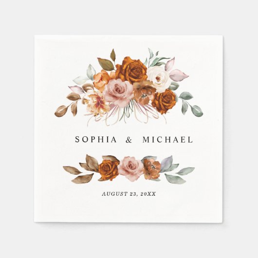 Terrakotta Hochzeit mit verbrannt-orangen Blumenmo Serviette (Vorderseite)