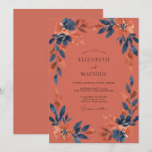 Terrakotta Indigo-Blatt-Hochzeit Einladung (Vorne/Hinten)