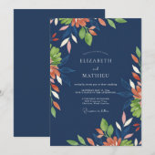 Terrakotta Indigo Blätterhochzeit Einladung (Vorne/Hinten)