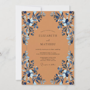 Terrakotta Indigo Pfingstrosen-Hochzeit Einladung