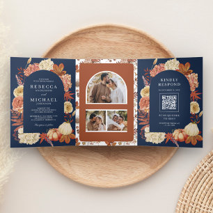 Terrakotta-Kürbis-Blumen-QR-Code-Navy-Hochzeit Dreifach Gefaltete Einladung