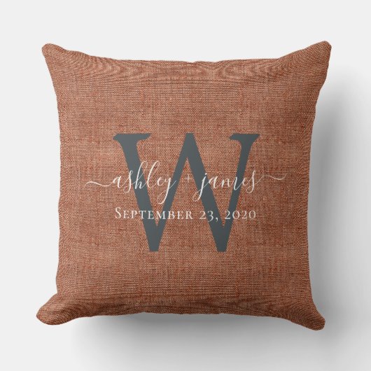 Terrakotta-Leinen-Monogramm-Hochzeitsandenken Kissen (Vorderseite)