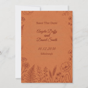 Terrakotta-Linienkunst-Blumen-Save-the-Date-Karte Save The Date