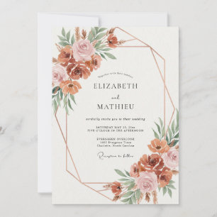Terrakotta-Malven-Pfingstrosen-Hochzeit Einladung