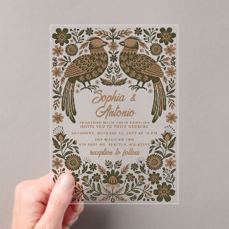 Terrakotta-Mexikanische-Vögel Otomi-Blumen-Hochzei Acryleinladungen