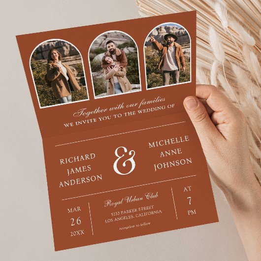 Terrakotta-Minimalbogen-Foto-QR-Code-Hochzeit Einladung