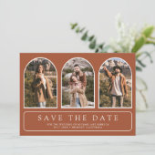Terrakotta Minimalbogen Foto QR Code Hochzeit Save The Date (Stehend Vorderseite)