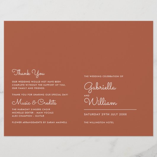 Terrakotta-Minimalist-Script-Hochzeitsprogramm (Vorderseite)