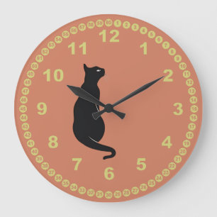 Terrakotta mit schwarzer Katze und gelbem Gesicht Große Wanduhr