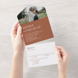 Terrakotta Moderne Handschriftliche Foto-Hochzeit All In One Einladung